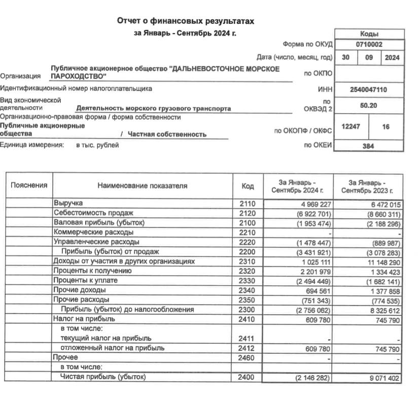 Отчетность ДВМП по РСБУ за 9 месяцев 2024