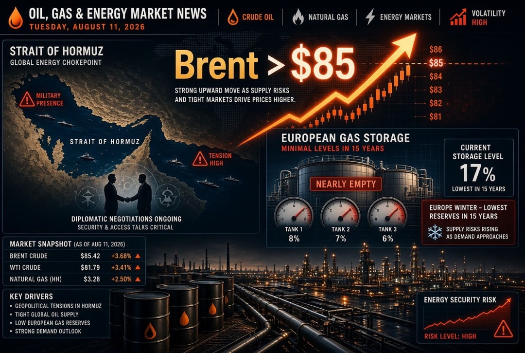 Oil and Gas News and Energy — Tuesday, August 11, 2026: Brent Breaks $85 Amid Negotiations Surrounding the Strait of Hormuz, Europe Enters Winter with 15-Year Low Gas Reserves