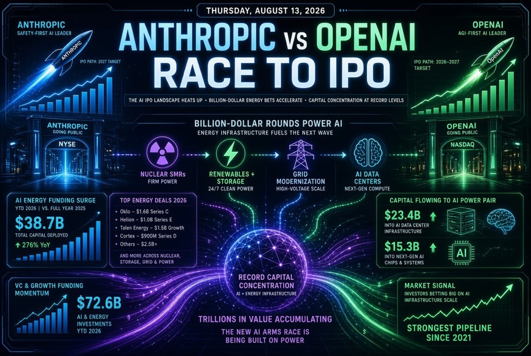 Startup and Venture Investment News - Thursday, August 13, 2026: The Race of Anthropic and OpenAI to the Stock Exchange, Billion-Dollar Rounds in Energy for AI, and Record Capital Concentration.