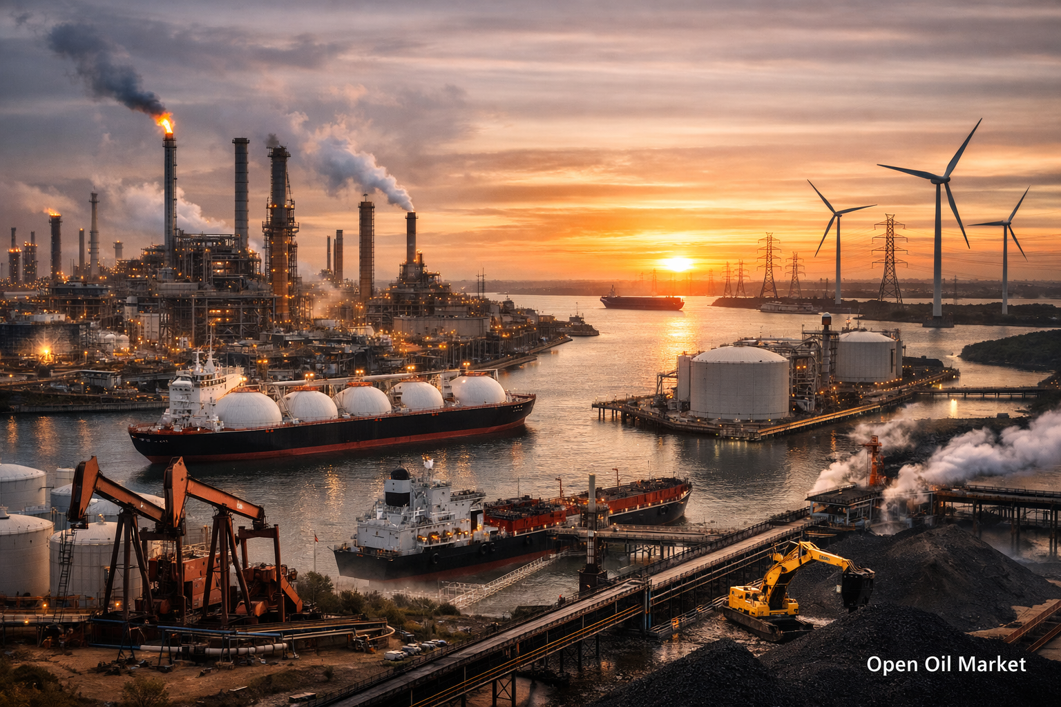 Oil Refinery, LNG Terminal, Oil Tankers, and Coal Port at Sunset - Global Oil and Gas Market February 18, 2026