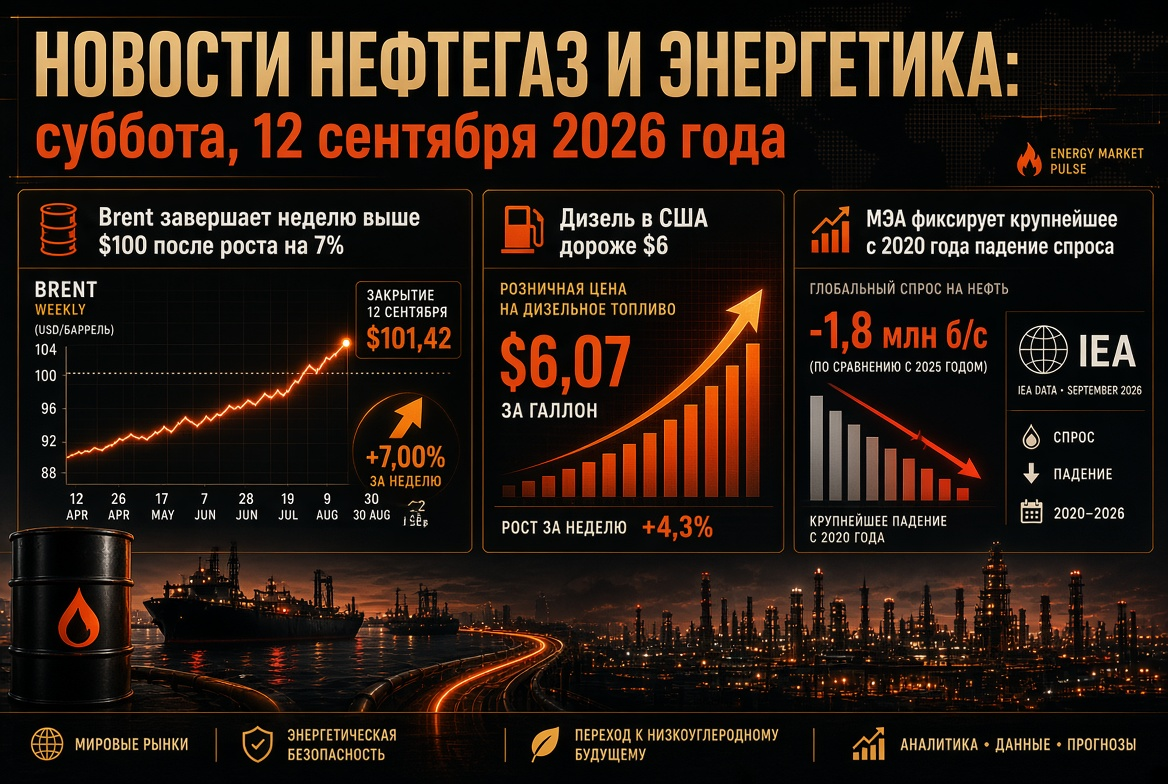 News Oil and Gas and Energy: Saturday, September 12, 2026 — Brent closes the week above $100 after a 7% rise, diesel in the US exceeds $6, IEA records the largest demand drop since 2020.