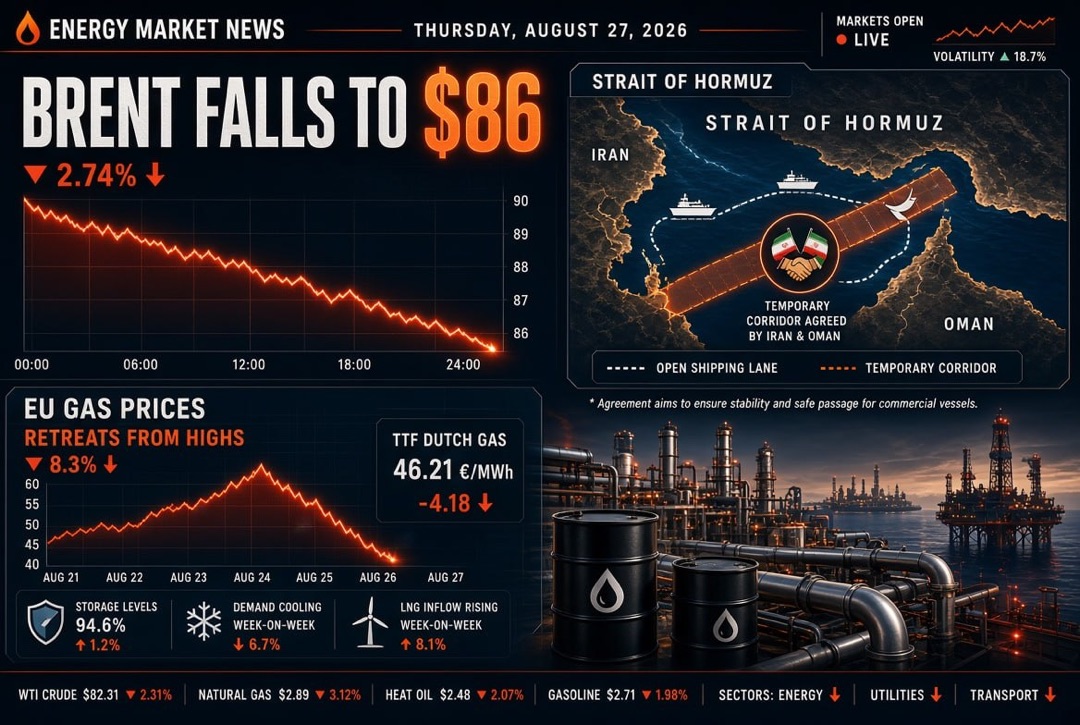 Oil & Gas News and Energy - Thursday, August 27, 2026: Iran and Oman Reach Agreement on Temporary Corridor in the Strait of Hormuz, Brent Falls to $86, Gas in Europe Retreats from Highs