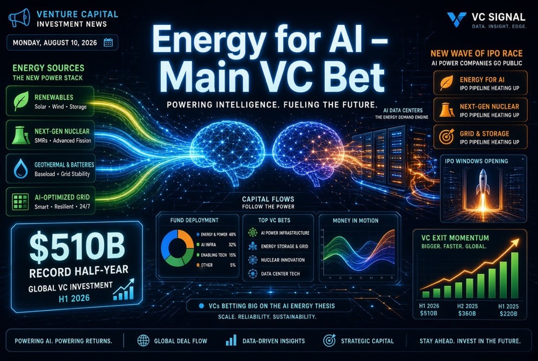Startup and Venture Investment News — Monday, August 10, 2026: Energy for AI Becomes the Main Bet of Venture, Record $510 Billion in the First Half and a New Round of IPO Racing.