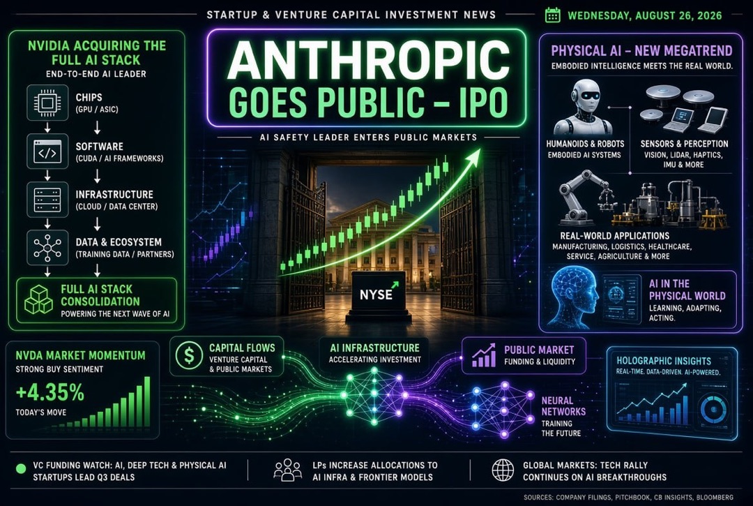 Startup and Venture Investment News — Wednesday, August 26, 2026: Anthropic Goes Public, Nvidia Acquires Entire AI Stack, and Physical AI Becomes a New Megatrend