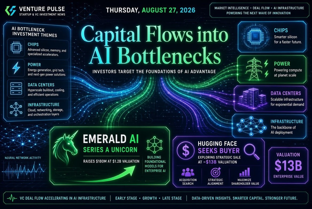 Startup and Venture Capital News – Thursday, August 27, 2026: Capital flows into AI's "narrow niches," Emerald AI becomes a unicorn at Series A, and Hugging Face seeks a buyer for $13 billion.