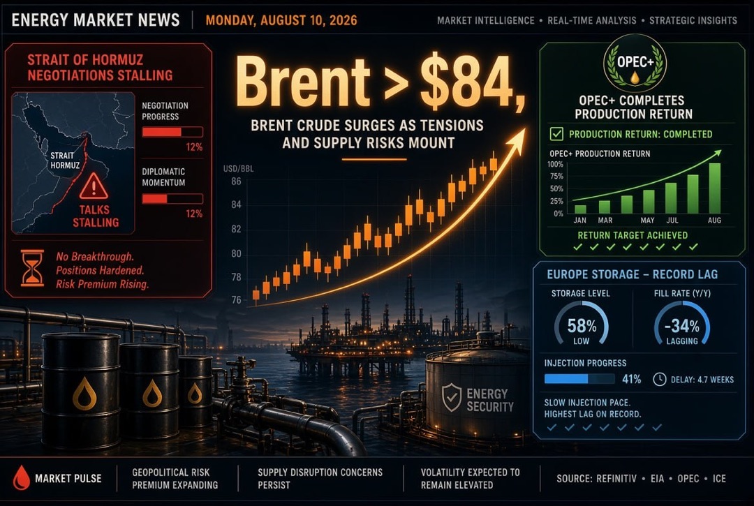 Oil and Gas News and Energy — Monday, August 10, 2026: Negotiations over the Strait of Hormuz stall, Brent above $84, OPEC+ completes the return of production, Europe fills storage with a record backlog