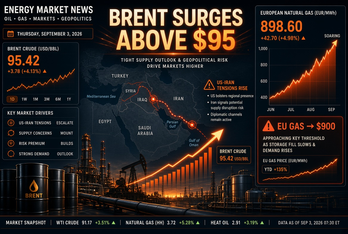 Oil and Gas News - Thursday, September 3, 2026: USA-Iran Escalation Pushes Brent Above $95, Gas in Europe Prices Up to $900