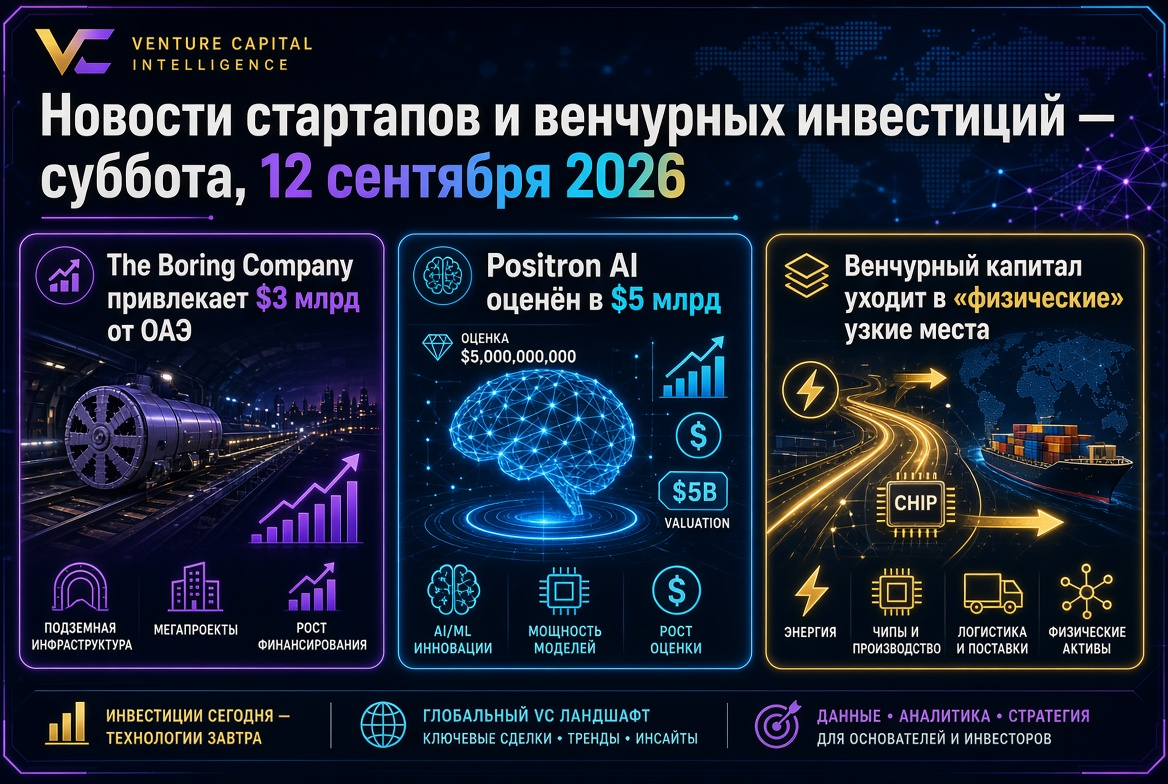 Startup and Venture Investment News — Saturday, September 12, 2026: The Boring Company Raises $3 Billion from UAE, Positron AI Valued at $5 Billion, and Venture Capital Directed to "Physical" Bottlenecks