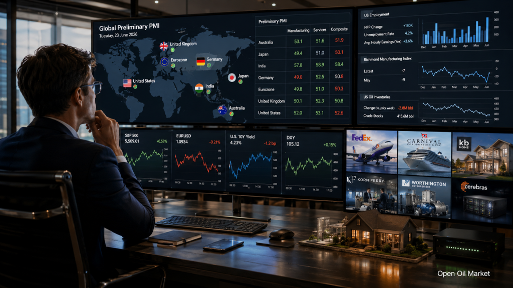 Economic Events and Corporate Reports: Tuesday, June 23, 2026 — Global PMIs, US Labor Market, FedEx, Carnival, and KB Home