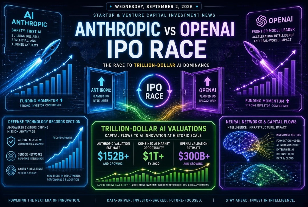 Startup and venture capital news — Wednesday, September 2, 2026: the Anthropic and OpenAI IPO race, trillion-dollar AI valuations, and defense technology records