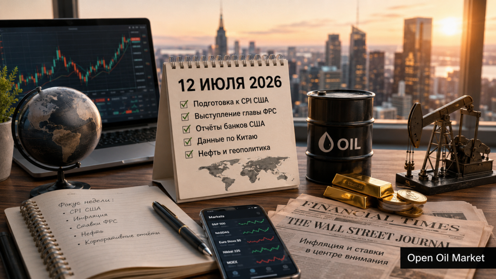 Global Financial Calendar July 12, 2026 with US CPI, bank reports, oil, and indices S&P 500, Euro Stoxx 50, Nikkei 225, and MOEX