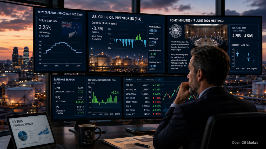 Economic Events and Corporate Reports, Wednesday July 8, 2026: RBNZ Rate, EIA Oil Inventories, and FOMC Minutes