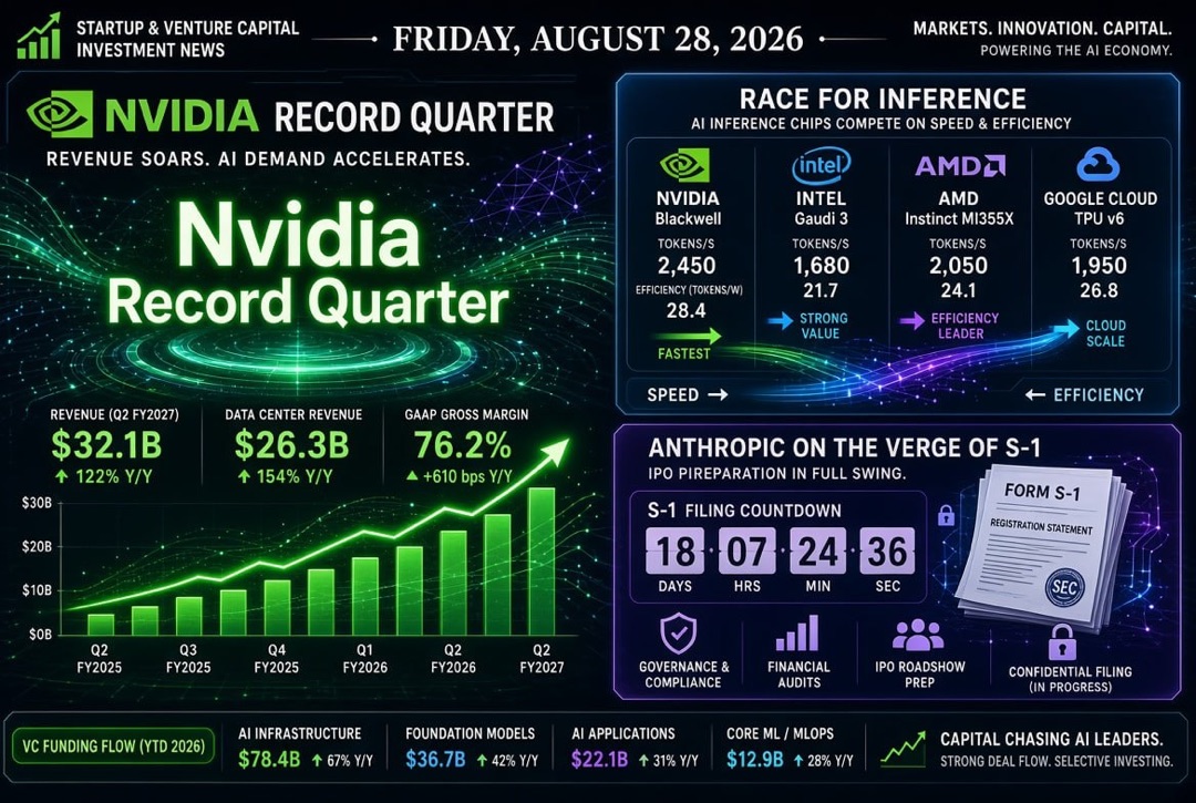 Startup and Venture Investment News — Friday, August 28, 2026: Nvidia's Record Quarter, the Inference Race, and Anthropic on the brink of Public S-1