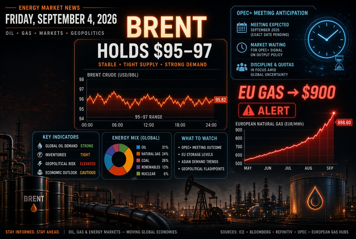 Oil & Gas and Energy News – Friday, September 4, 2026: Brent Holds at $95–97 Awaiting OPEC+ Meeting, Gas in Europe Surges to $900