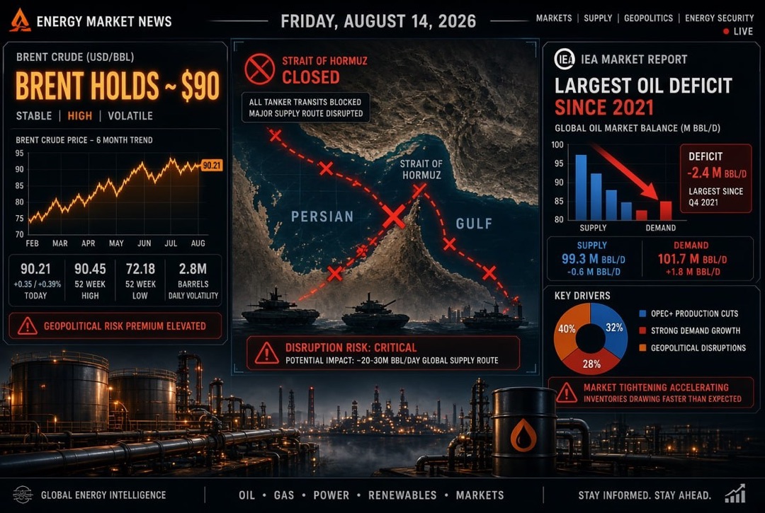 Oil & Gas and Energy News — Friday, August 14, 2026: Brent holds at $90 amid closed Strait of Hormuz; IEA records largest oil deficit since 2021