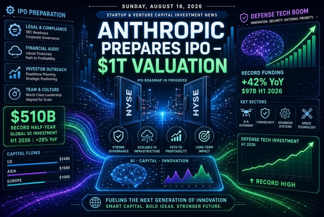 Startup and Venture Capital News — Sunday, August 16, 2026: Anthropic Prepares $1 Trillion IPO, Record $510 Billion for Half-Year and Boom in Defense Technologies