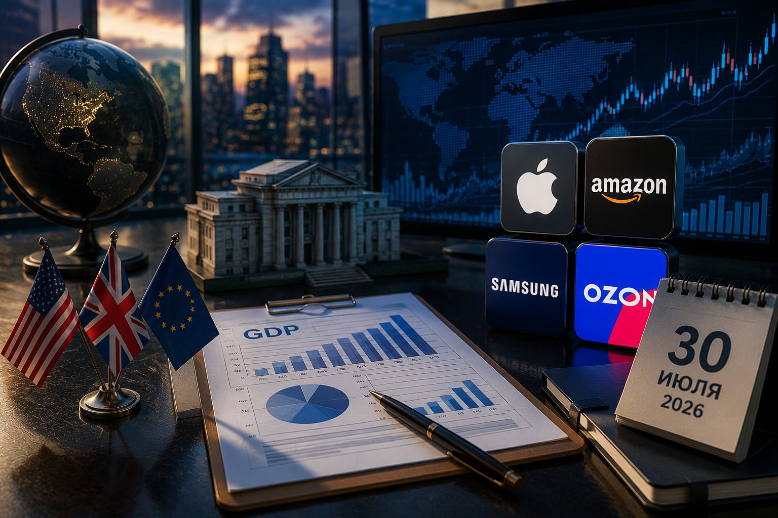 Economic Events and Corporate Reports: Thursday, July 30, 2026 — U.S. GDP, Bank of England Decision, Reports from Apple, Amazon, Samsung, and Ozon