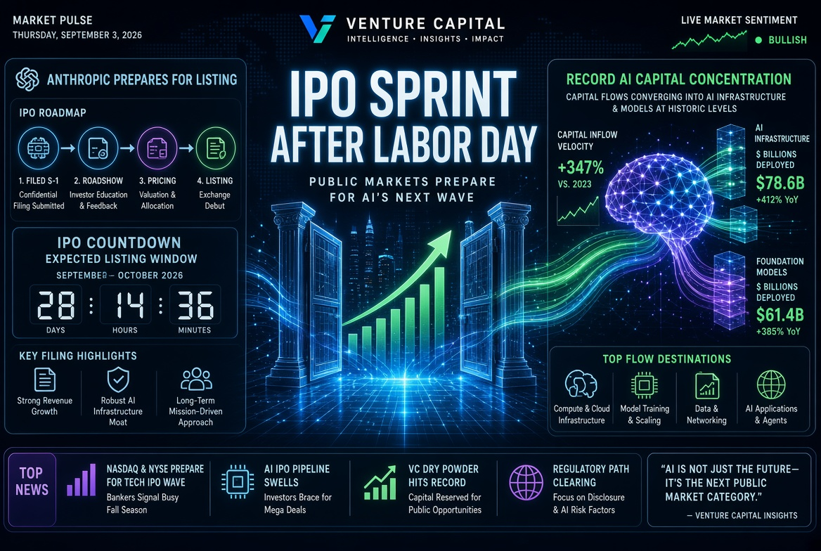 Startup and Venture Capital News — Thursday, September 3, 2026: IPO Sprint Following Labor Day, Anthropic's Preparation for Listing, and Record AI Capital Concentration