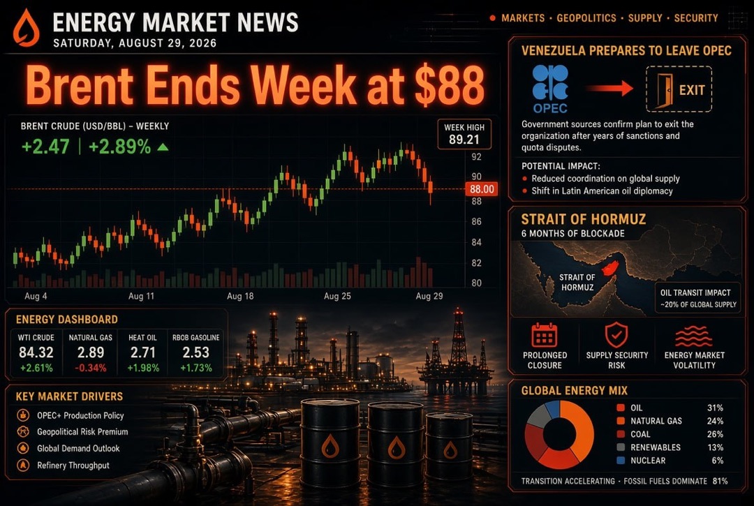 Oil and Gas News — Saturday, August 29, 2026: Venezuela Prepares to Exit OPEC, Brent Ends Week at $88, Six Months of Hormuz Strait Blockade