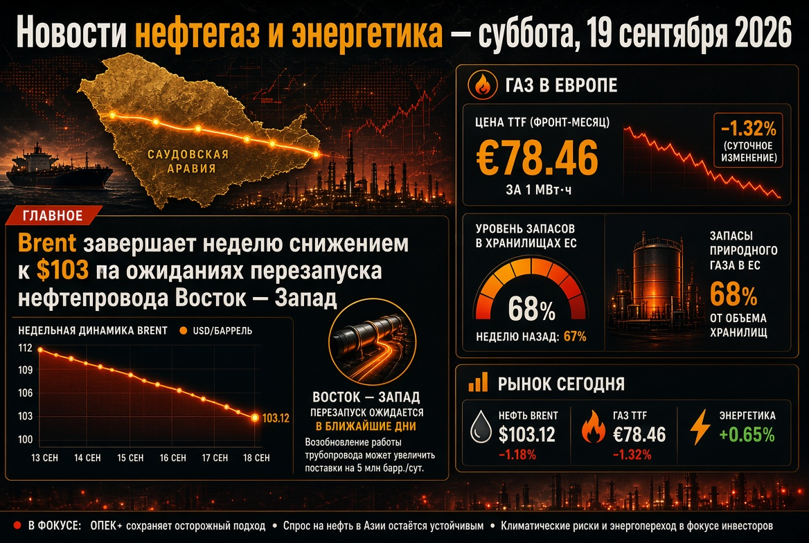 Oil and Gas and Energy News — Saturday, September 19, 2026: Brent Closes the Week Down to $103 Amid Expectations of East-West Pipeline Restart, Gas in Europe Around €78 with 68% Stocks