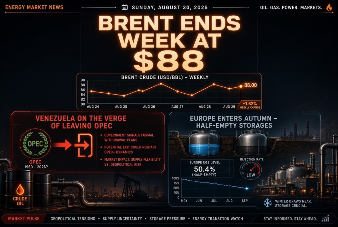 Oil and Gas News and Energy — Sunday, August 30, 2026: Venezuela on the Brink of Exiting OPEC, Brent Ends the Week at $88, Europe Enters Autumn with Low Gas Storage