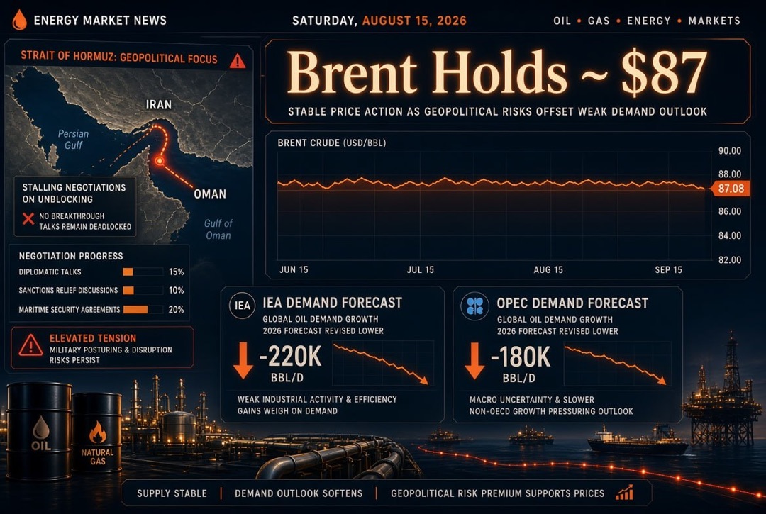 Oil and gas news — Saturday, August 15, 2026: Brent holds at $87 amid stalled negotiations on unblocking the Strait of Hormuz; IEA and OPEC lower demand forecasts