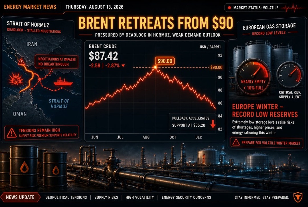 Oil and Gas News — Thursday, August 13, 2026: Brent Retreats from $90 Amid Deadlock in the Hormuz Strait; Europe Enters Winter with Record Low Gas Reserves