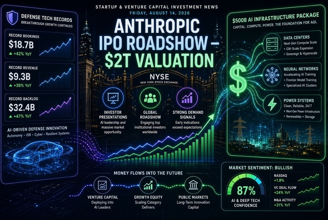 Startup and Venture Investment News - Friday, August 14, 2026: Anthropic's $2 Trillion IPO Roadshow, $500 Billion Package for AI Infrastructure, and Defense Technology Records