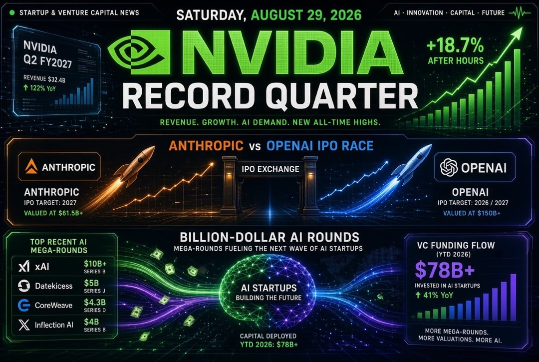 Startup and Venture Investment News — Saturday, August 29, 2026: Nvidia's Record Quarter, IPO Race of Anthropic and OpenAI, and Billion-Dollar AI Funding Rounds