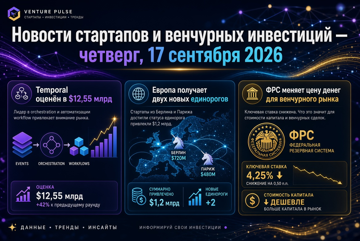 Startup and Venture Investment News — Thursday, September 17, 2026: Temporal Valued at $12.55 Billion, Europe Welcomes Two New Unicorns, and the Fed Alters Cost of Capital for the Venture Market