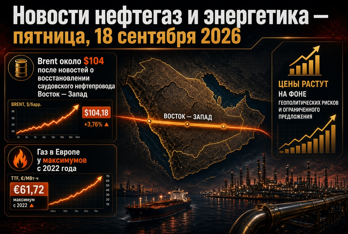 Oil and Gas News and Energy - Friday, September 18, 2026: Brent around $104 After News of Saudi East-West Pipeline Restoration, Gas in Europe at 2022 Peaks